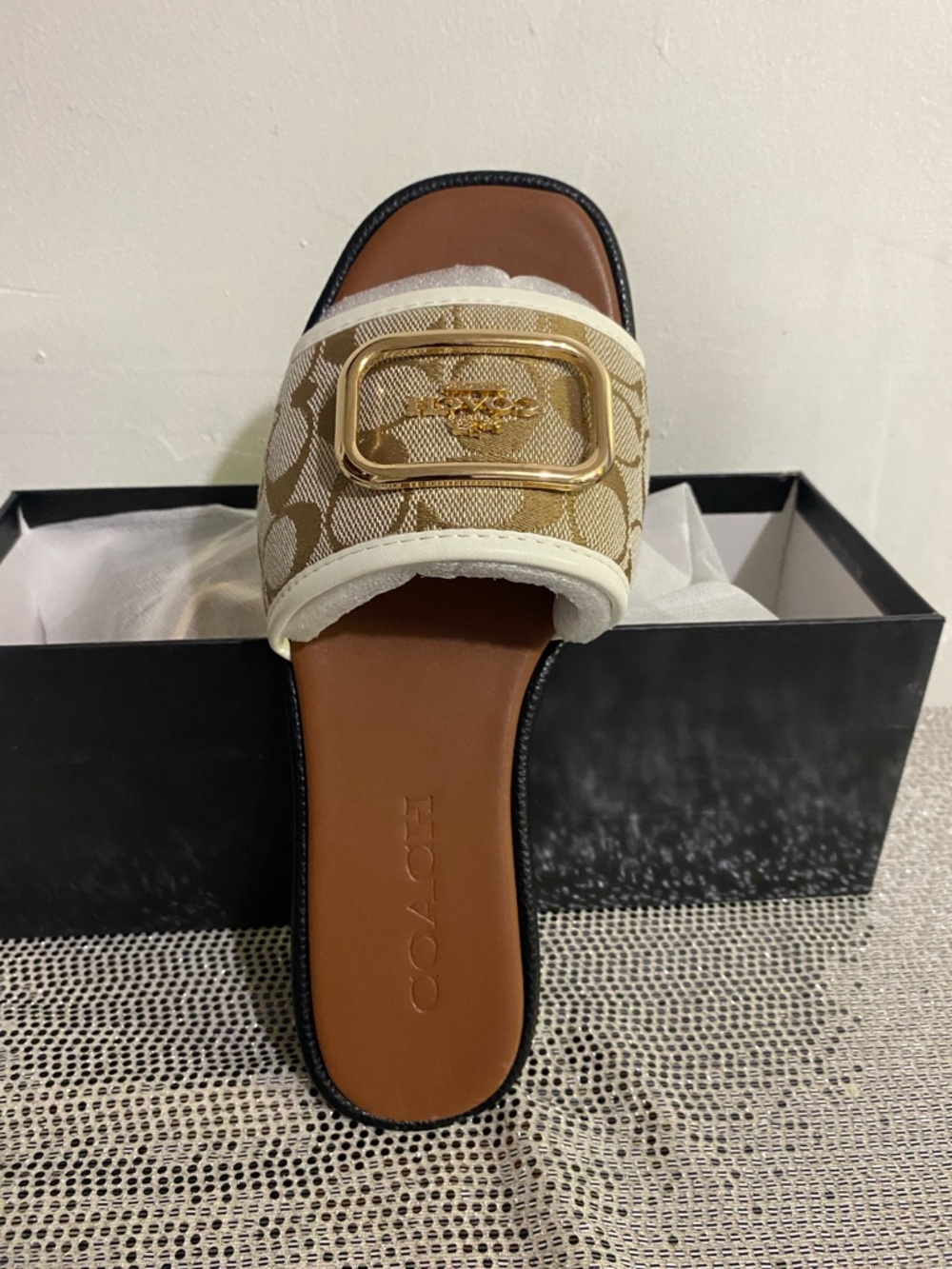 Coach Monogram Slide Sandal in Tan, White with Gold Accent